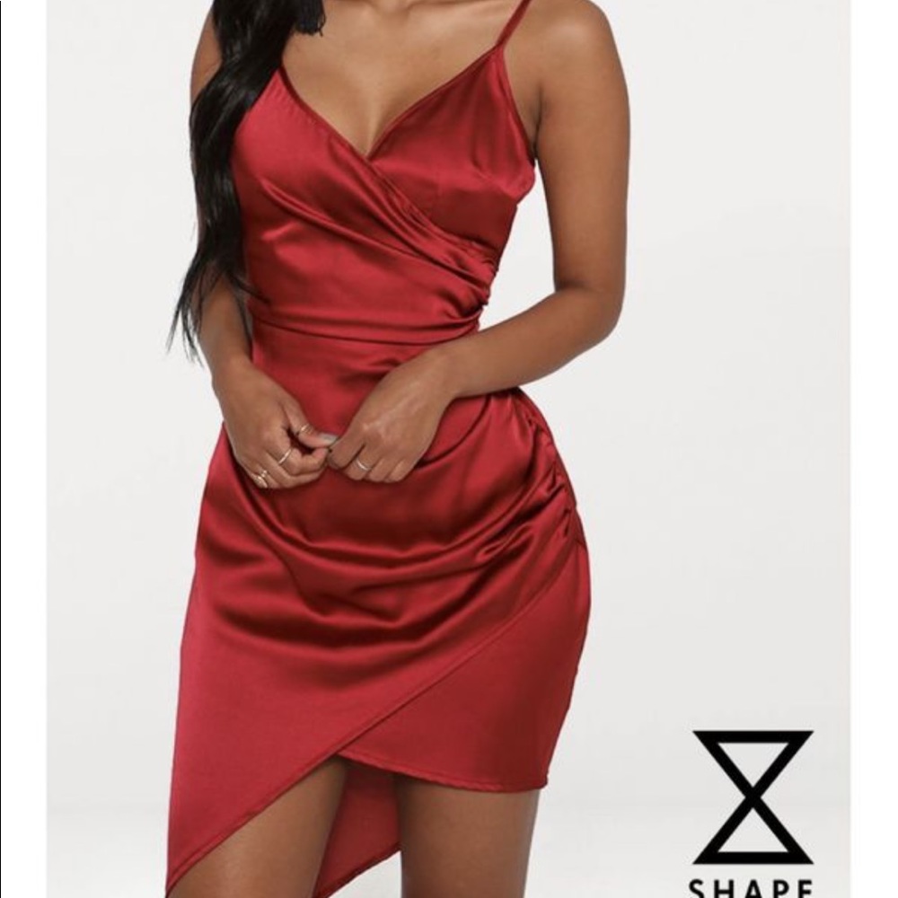 Prettylittlething Shape Burgundy Satin Wrap Dress